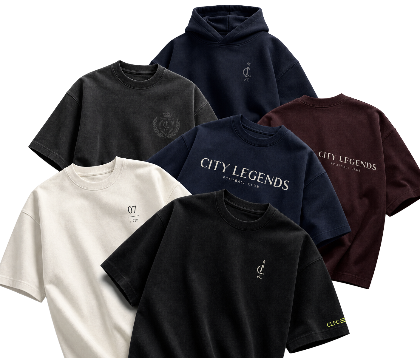 Editorial composition of overlapping heavyweight garments — black, deep navy, washed charcoal, bone and burgundy tees with a navy hoodie behind — each carrying a different fictional fan merchandise print