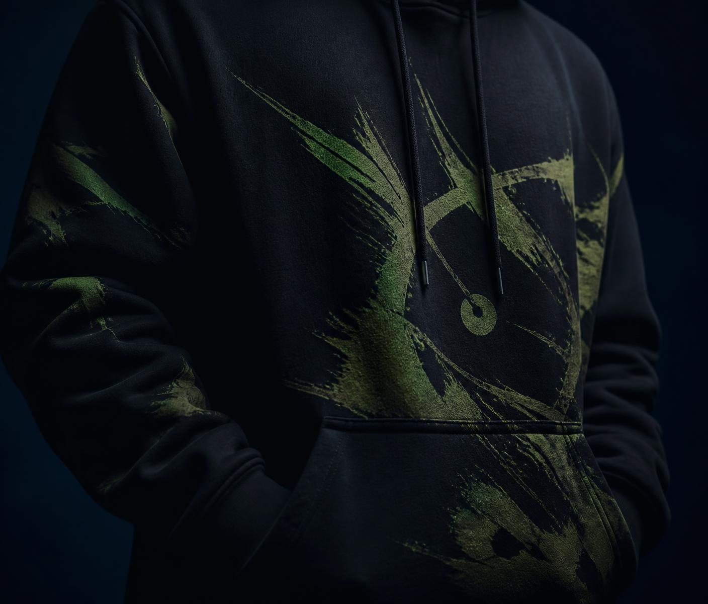 Close-up of a premium heavyweight hoodie with a printed fan-culture graphic