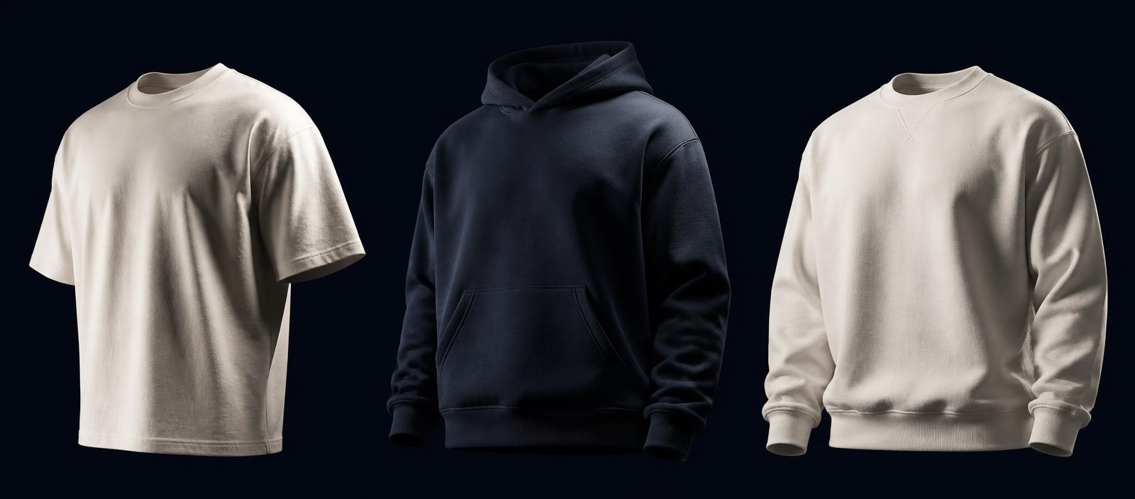 Premium blank t-shirt, hoodie and crewneck on a deep navy background